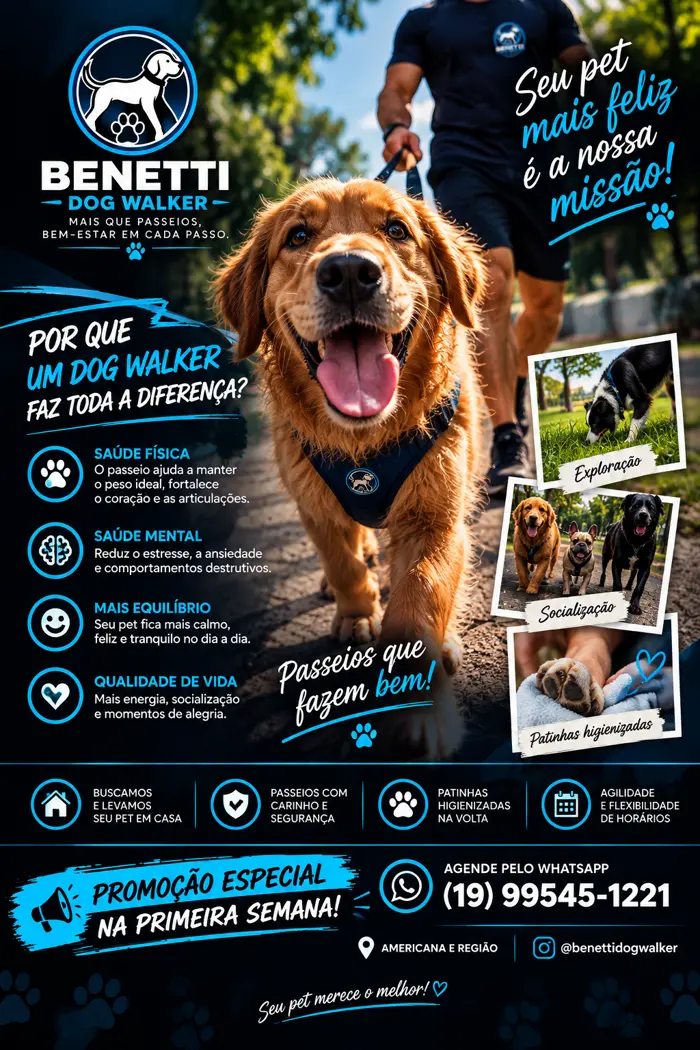 Arte da Benetti Dogwalker com passeios, exploração, socialização e cuidados com as patinhas